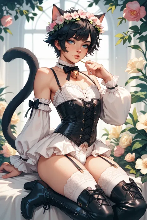 femboy, catboy, black hair, puffy tail with a bow, beauty marks, thigh high socks with ribbons, blue, pants, laced up boots, flower crown, corset, bell