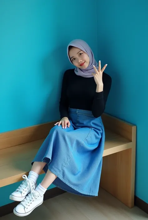  A naturally faced Korean woman beautiful white skin smooth and cute cotton , wearing a triangular hijab ,  wearing a black blouse wearing a long skirt of bright blue color with a checkered pattern,  wearing white socks sports sneakers , Sit on a long L-sh...