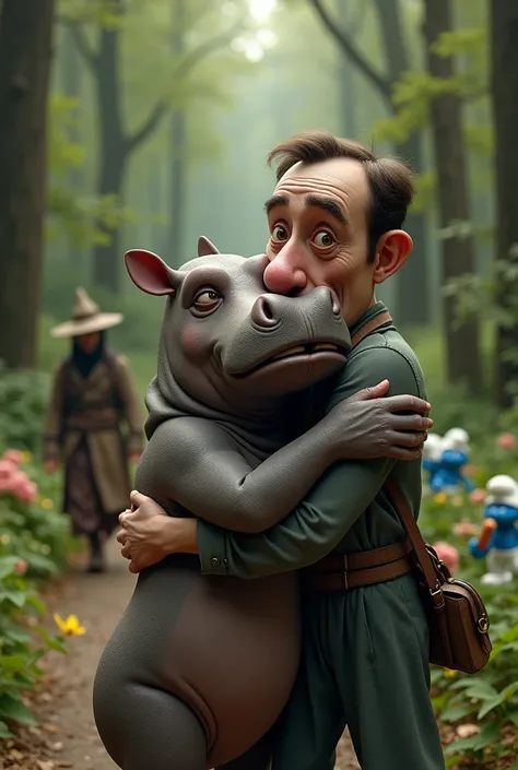  A man with a very big nose and ears hugging a hippopotamus, And in the background a human in a drifters outfit chasing Smurfs in the woods 