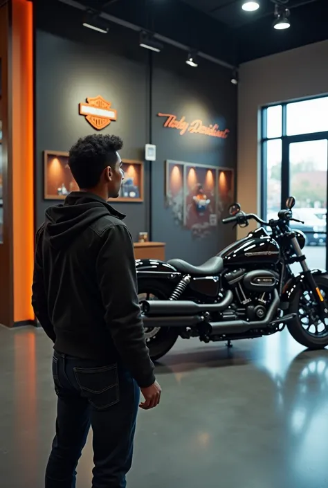  standing watching dream car harley davidson in showroom but no gluten bought