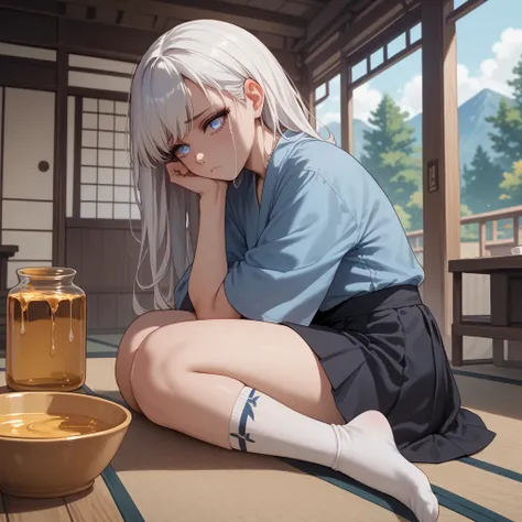 Anime  girl, white hair, honey-colored eyes, de sad expression, blue shirt, black skirt, white socks. Inside a Japanese house.