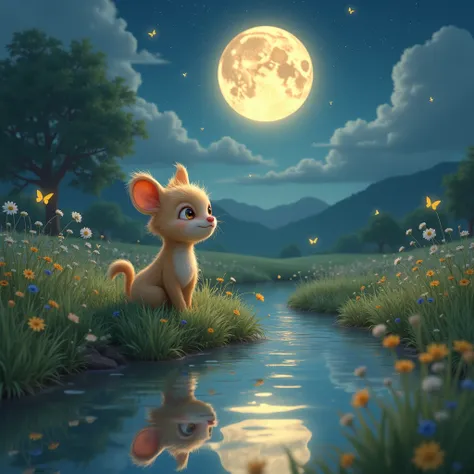 A cute creature sees the moon in the water by the river in a rural meadow and then looks back at the moon in the sky，There are glowing fireflies around，Butterfly，Small Flower