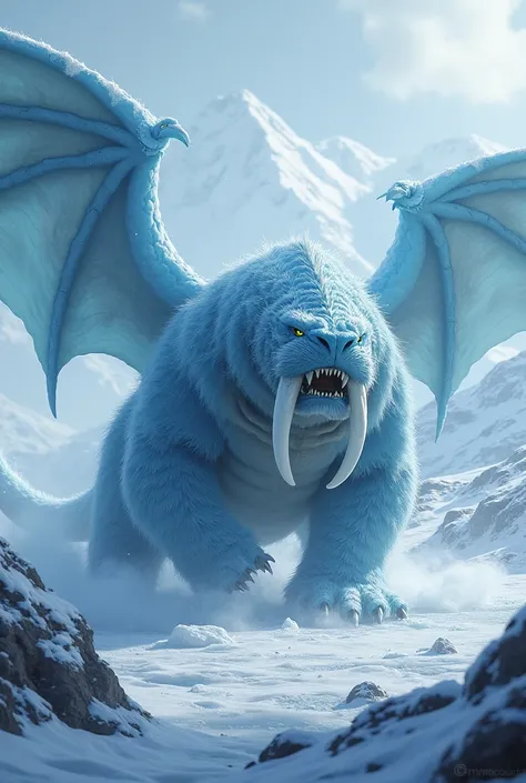 Create a unique, dangerous fighting hybrid fusion AI ratio image using an ice dragon and a walrus. The hybrid should have the icy breath and scales of a dragon combined with the tusks and bulk of a walrus. The environment emits a frosty element from the gr...