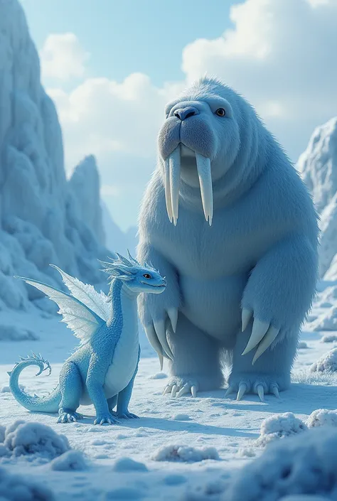 Create an image that shows both an ice dragon and a walrus in a single frame with a matching background. The background should be the same as the hybrid environment, emitting a frosty element from the ground. The ice dragon should be depicted in a pose sho...