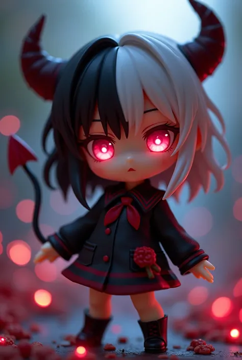 SD Character, The full body of a doll dressed as a devil , ４Head size,Full body showing up to the feet , Good Smile Company anime style as black and white split hair in the center ,  Nendoroid のようなスタイル,  Good Smile Company anime style with pink shining eye...