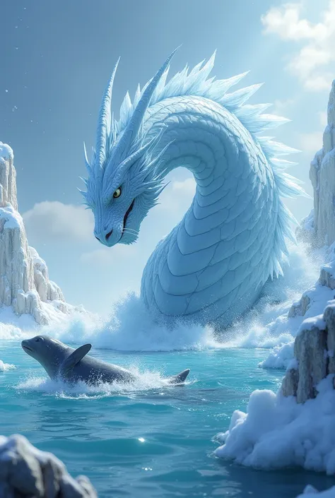 Create an image that shows both an ice dragon and a seal in a single frame with a matching background. The background should be the same as the hybrid environment, emitting a frosty element from the ground. The ice dragon should be depicted in a pose showc...