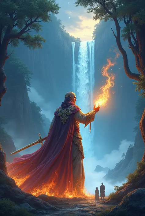 A mystical Teurgo sorcerer wearing a robe, in one hand he has fire and in the other a sword, the starry sky, beautiful trees, two waterfalls fall from the sky, two people look at him in the distance. 