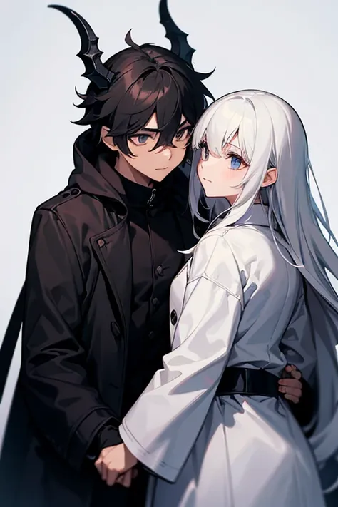 A boy in a long black coat wearing a dragon mask together with a girl in a white coat