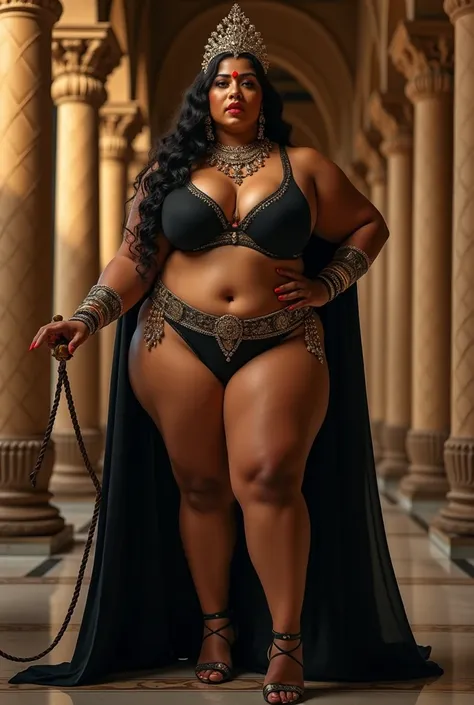 Indian extreme plus size BBW chubby fat busty dark skinned wide woman with large breast and large extreme curvey figure and wide shoulder and long hair and wearing black 
deep neck tight fitting bra with displaying cleavage and display navel and fat arm an...