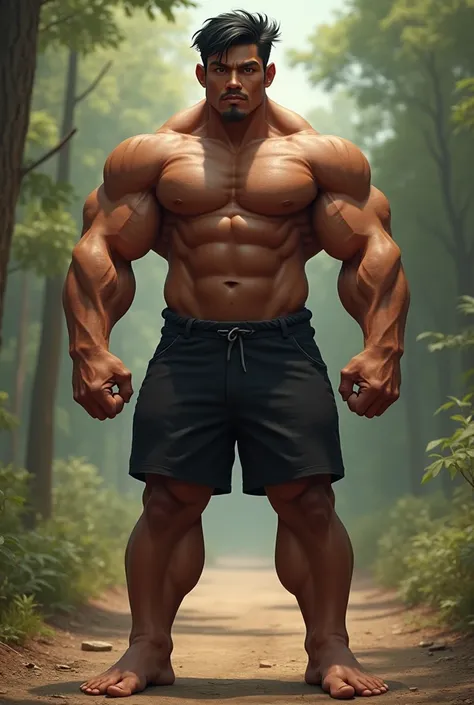 muscular athletic indian teen guy, with big thighs, big calves, dark tan skin, thick face, barefoot,  rustic manly feet, big pectorals, black hair, black shorts, big muscular arms