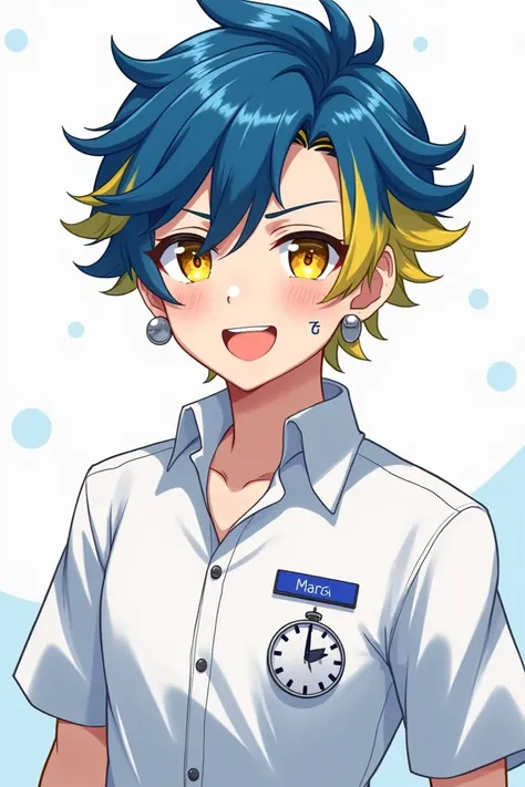 Anime boy with short blue and yellow hair, yellow and blue eyes, grinning, wearing silver earrings, wearing a white office uniform, hanging a blue name tag, and having a clock-shaped birthmark on his cheek.