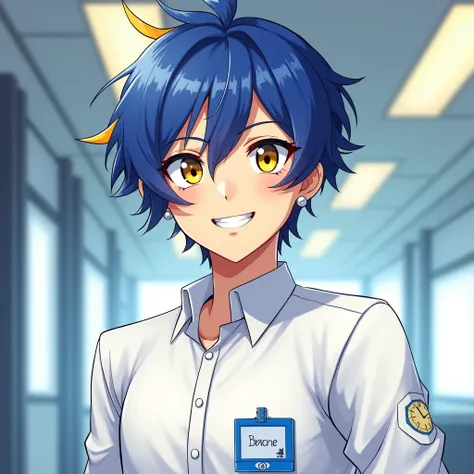 Anime boy with short blue with yellow hair, yellow with blue eyes, grinning, wearing silver earrings, wearing a white office uniform, hanging a blue name tag, and having a clock-shaped birthmark on his cheek.