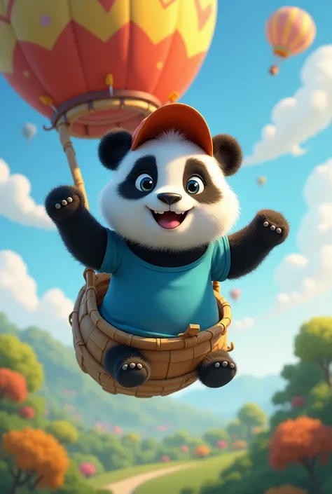 A cute big panda wearing blue t-shirt, hat and riding balloon in animation disney pixar style 