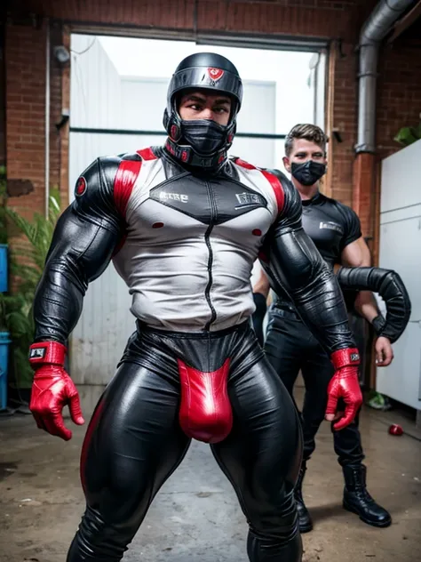 Teenage male hero in tight latex suit and collar and helmet，full bodyesbian，head to toe，Combat boots，mitts，Muscular body，bodybuilder, Identical Young men standing in line，brainwashing a new recruit, abandoned industrial warehouse, hyper muscles,  hyper swo...