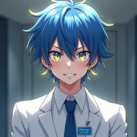 Anime boy with short blue with yellow hair, yellow with blue eyes, Scary smile, wearing silver earrings, wearing a white office uniform, hanging a blue name tag, 