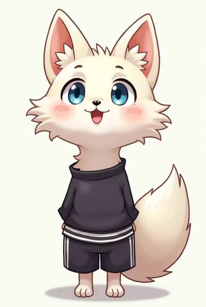  White furry fox , Fluffy, with ears and tail,  blue eyes ,  ajar mouth , 18 years old,  second-size chest , stretched navel , deep,  wears a black top with stripes on the right side of the chest,  black shorts with side stripes 