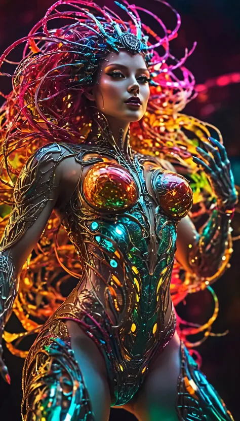 Biomechanical Style Highly detailed illustration, Fantastic magical creature, (Transparent Skin: 1.5), (Translucent Body: 1.5), Art by MS. Schiff, Neon, Light particles, Color, CMYK Color, Backlit, Cyberpunk, Close-up, Mechanical, (Shot from the knees up, ...