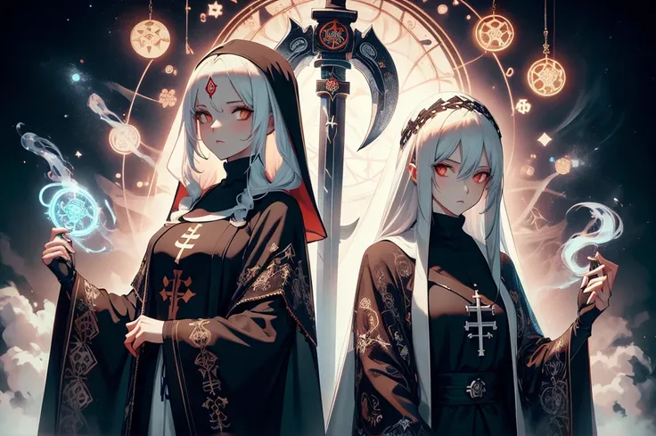 A white-haired nun holding the scythe of death ,a woman in a  nuns clothing holding a The scythe of death  and a sword,  nuns clothing, do girls frontline,  white-haired divinity ,  anime wearing a black dress ,  dressed as a clergyman , estilo girls front...