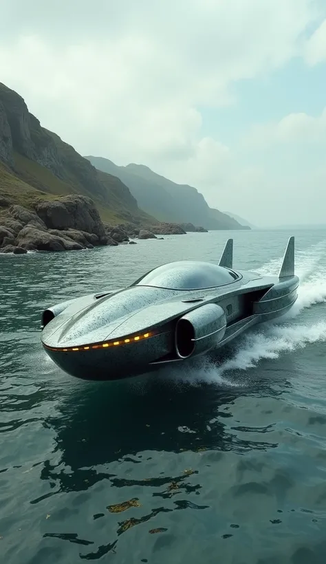 "A futuristic hybrid vehicle that blends the sleek, hovering capabilities of a hoverbike with the stealth and adaptability of an aquatic predator. The vehicle features a streamlined design, resembling a hoverbike, but with elements inspired by marine life,...