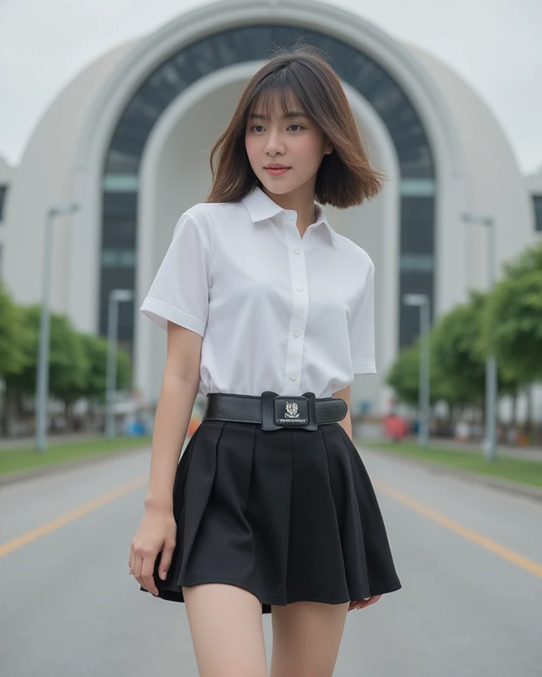 Full body shot of a Thai girl in a lively pose, dressed as a Nisit Outfit, wearing a She is wearing a white shirt short sleeves and black pleated skirt, black leather belt with a buckle of the Thai university logo. She is at the concrete road, near the The...