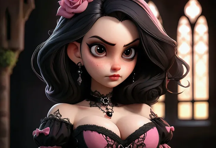 A beautiful gothic woman with huge boobs, big boobs, super detailed, wearing pink gothic dress, 8k