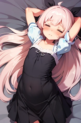 ( Little Sleeping Girl),   transparent blouse , ( flat chest ), (blushing cheek), without panties, ( open vagina), arms up.  approach from her ass.