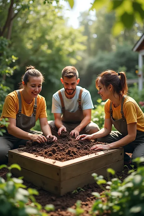 Three people are composting