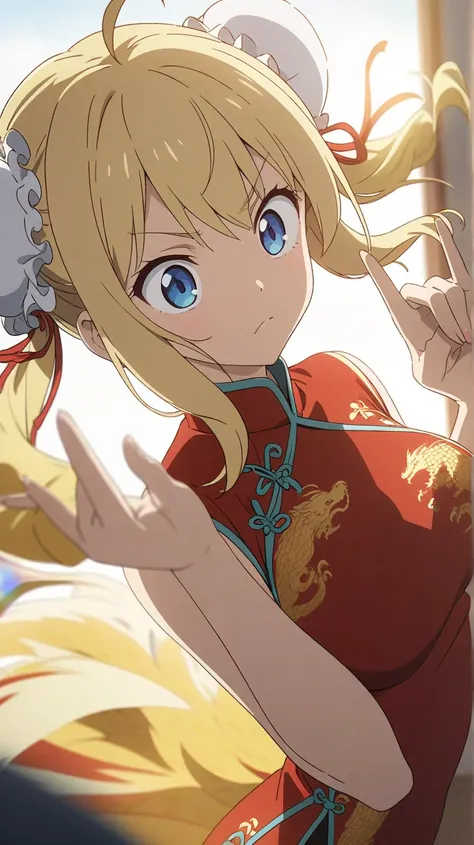 A girl, blonde, double bun cover, drill sidelocks, twin drills, Ahoge, blue eyes, slant eyes, narrow eyes, w arms, fox shadow puppet, golden oriental dragon embroidery on a slit red cheongsam, fighting pose, azure sky with rainbow in the background, animat...