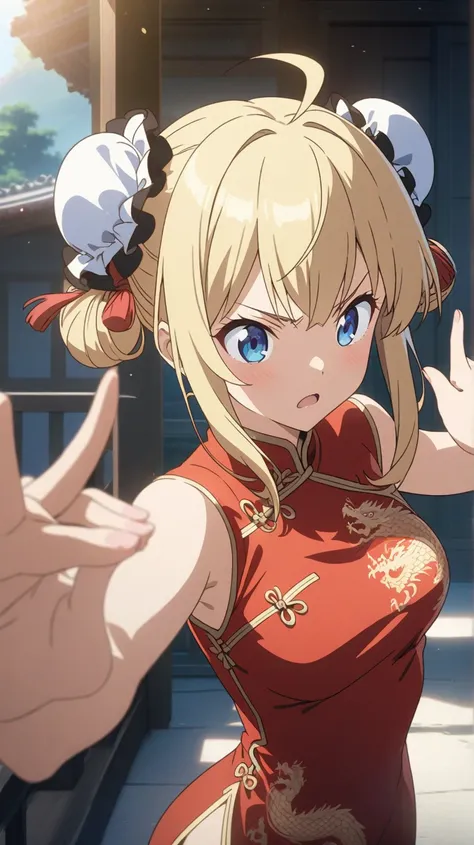 A girl, blonde, double bun cover, drill sidelocks, twin drills, Ahoge, blue eyes, slant eyes, narrow eyes, w arms, fox shadow puppet, golden oriental dragon embroidery on a slit red cheongsam, fighting pose, azure sky with rainbow in the background, animat...