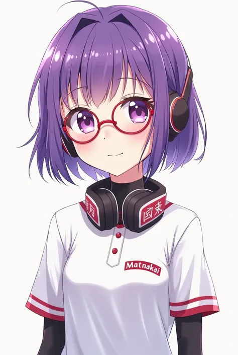  Anime picture wearing shiny purple hair,mamakai white japanese junior high school shirt, wearing red kacemata , long black socks , white shoes,cute face, same mamakai head phone 