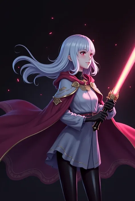 Anime style  ,photo, HD, UHD,2D, people holding The sword is in a dark room,  Concept art inspired by rossdraws , Artstation Contest Winner, Fantasy art, Paranormal Magic ,  Cyborg girl, Holy Magician ,  Top details artgerm , Holding a light saber. Splashi...