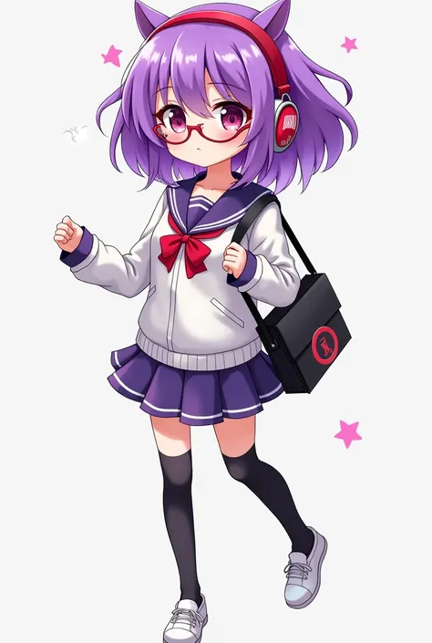  Anime picture wearing shiny purple hair,mamakai japanese junior high school dress, carrying a bag in his hand,wearing red kacemata , long black socks , white shoes,cute face, same mamakai head phone 