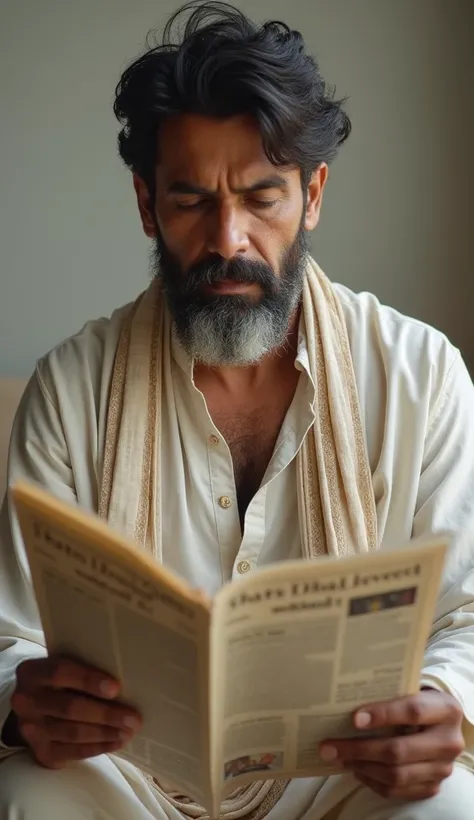 a male indian adult boy in shalwar kameez with News paper in hand