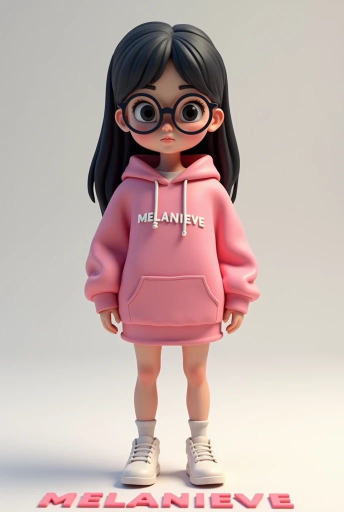 Create 3d image features a collection figure of a  girl, slim body, long black hair, human like skin, narrowed eyes, wearing eyeglass, wearing pink hoodie jacket with name "MELANIEVE" clearly visible written on the front of it. The word MELANIEVE is writte...