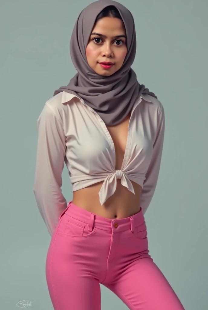 HIJAB MALAY, pink leggings , cameltoe,  shirt split in the middle ,  both hands lying behind back 