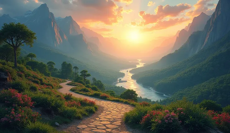 A vibrant life journey depicted as a winding path through scenic landscapes—mountains, rivers, and forests—ending in a glowing horizon, symbolizing fulfillment.