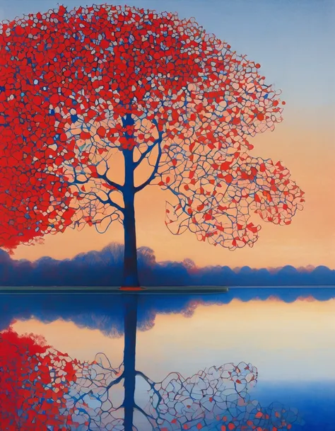 Piet Mondrian art, Avond; De rode boom[Evening; Red Tree], Non-naturalistic colors, Pointillism aspects, Abstract Blue Sky, Lyrical Abstract Red Tree. (A tranquil lake, calm waters reflecting the sky), Nonsense, irrationality, and anti-bourgeois sensibilit...