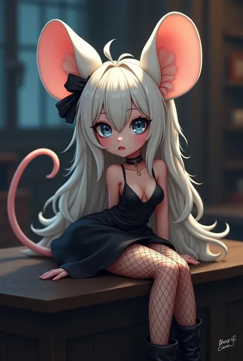 ((ultra quality)), ((tmasterpiece)), Nut, goth, anthropomorphic mouse girl, Furry, ((blonde woman, hairlong)), Beautiful cute face, ((black make-up)), beautiful female lips, charming beauty, ((Kind expression on his face)), seductively looking at the camer...