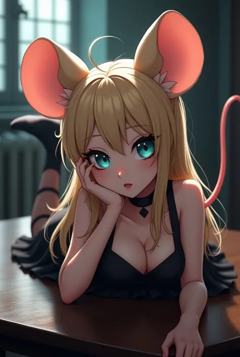 ((ultra quality)), ((tmasterpiece)), Nut, goth, anthropomorphic mouse girl, Furry, ((blonde woman, hairlong)), Beautiful cute face, ((black make-up)), beautiful female lips, charming beauty, ((Kind expression on his face)), seductively looking at the camer...