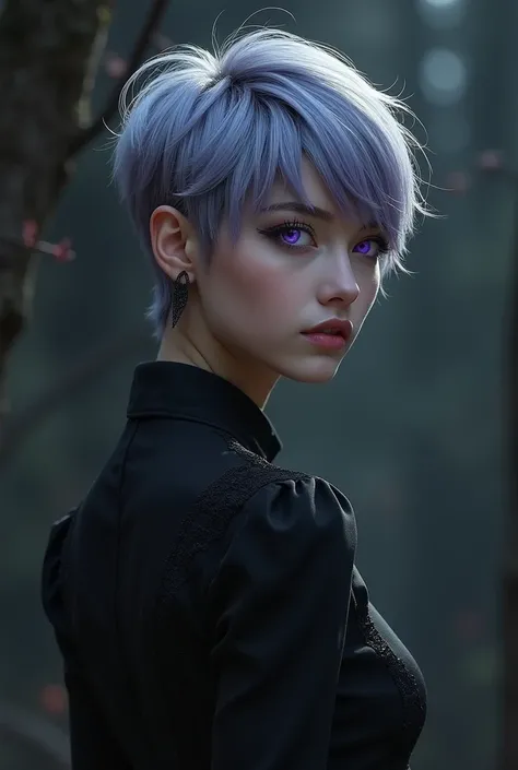 girl with pixie haircut very short in the back and longer in the upper part of the hair, her hair color is gray and violet, with purple eyes wearing black gothic dress.if it were a 1980 dark fantasy movie