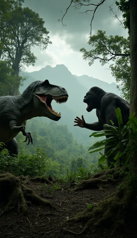 "A dramatic jungle scene depicting a fierce confrontation between a massive Tyrannosaurus rex and a powerful silverback gorilla. The T-rex stands on the left, roaring with its jaws wide open, showcasing sharp teeth, while the gorilla on the right beats its...