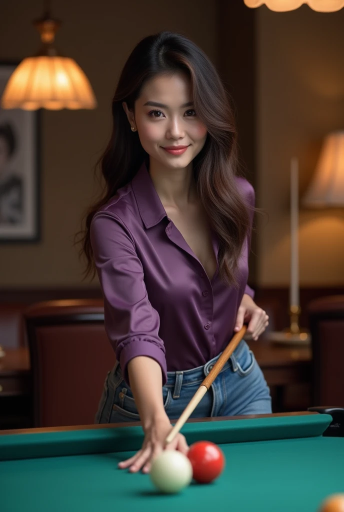 depict a realistic photo, a beautiful woman with smooth white Thai skin, black and brown hair, wearing a polite purple silk knit shirt with the words KIRANA wearing tight jeans, playing billiards in a room, while smiling faintly looking at the camera, whil...