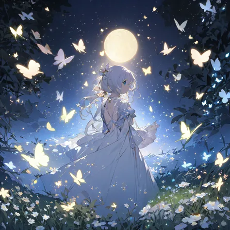  A cute creature ， after seeing the bright white moonlight in the water by the river in a rural meadow，Moonlight on its back ， looks back at the moon in the sky ， then uses magic to summon a lovely summoner ，There are glowing fireflies around，Butterfly，Sma...