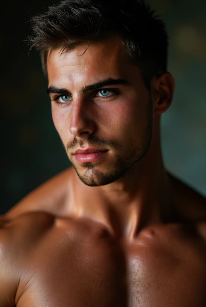 a ripped 20 year old muscular bodybuilder man, beautiful detailed face, piercing green eyes, short dark hair, strong jawline, intricate facial features, dramatic lighting, (best quality,4k,8k,highres,masterpiece:1.2),ultra-detailed,(realistic,photorealisti...