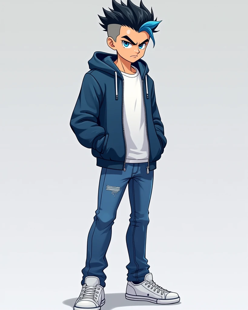 full-length photograph: young man, 20 years old, tall, very short black hair with a bright blue streak, shaved temples, frowning arrogant look, crease between eyebrows, blue eyes, blue jacket, white T-shirt, jeans, white sneakers, photorealistic, 16K, HD, ...