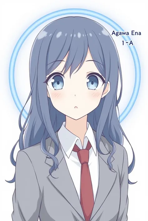 In the picture, a young woman is drawn in anime style. Her hair is long, wavy and dark blue, falling neatly down her shoulders. Her skin is smooth and has a fair tone. His eyes are a strikingly light blue, with a calm and reassuring look. His eyebrows are ...