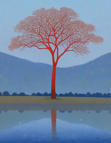 Piet Mondrian art, Avond; De rode boom[Evening; Red Tree], Non-naturalistic colors, Pointillism aspects, Abstract Blue Sky, Lyrical Abstract Red Tree. (A tranquil lake, calm waters reflecting the sky), Nonsense, irrationality, and anti-bourgeois sensibilit...