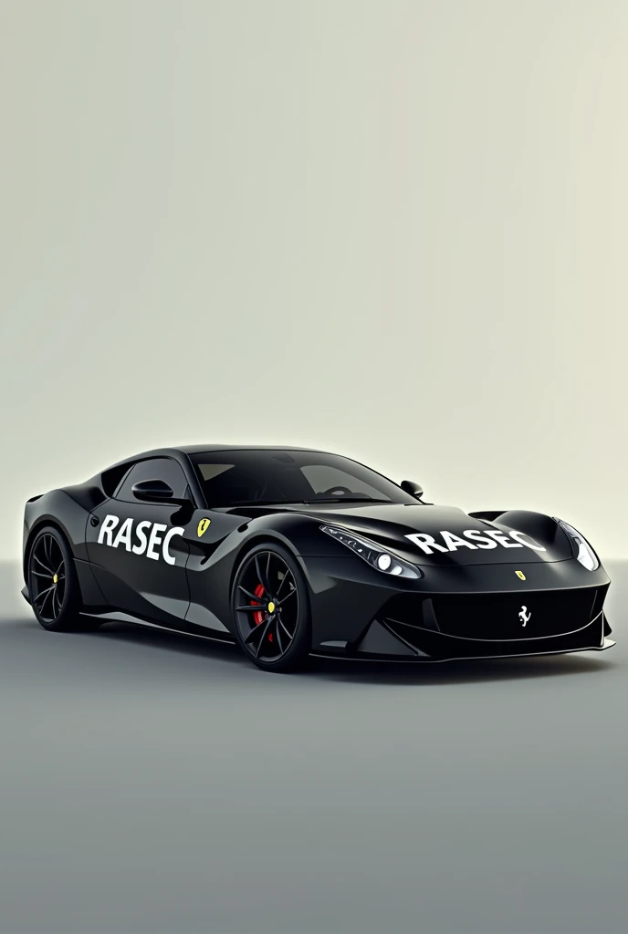  black Ferrari car ,  says the word at the door (rasec )   with white letters 