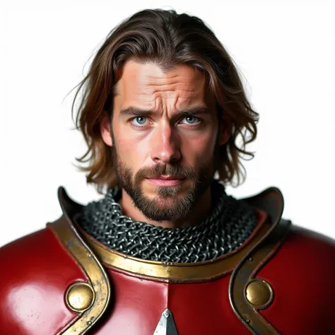 ID photo, passport photo, identification photo, documentation photo, portrait, close-up shot, white background, 1 boy on passport photo, adult, medieval, knight, crusader, masculine, bodybuilder, blue eyes, wrinkles, brunette hair, long hairstyle, beard, r...