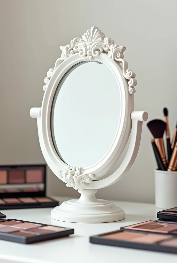 a dressing table for makeup, a close photo where there is a white mirror on a leg, makeup brushes and a palette of shadows are lying